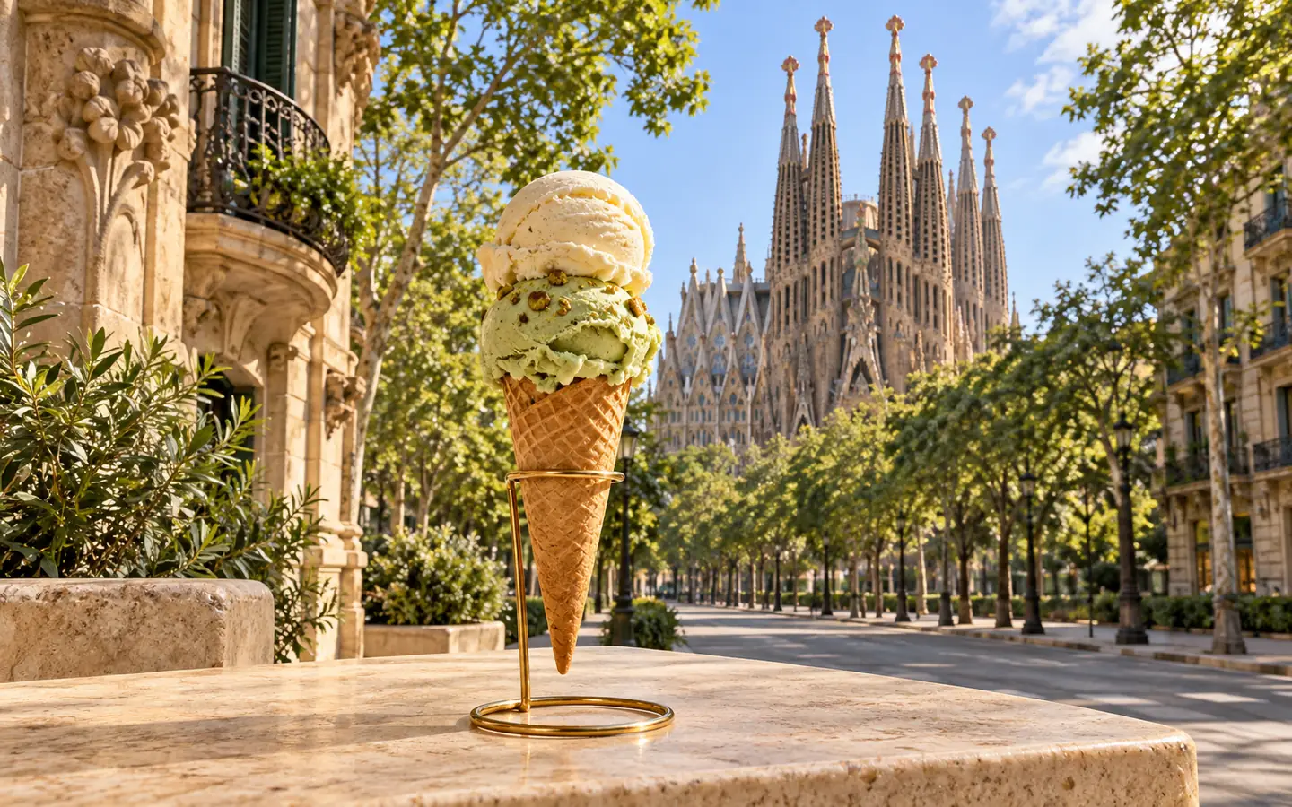 Gelato artesanal ante la Sagrada Família y la luz mediterránea de Barcelona