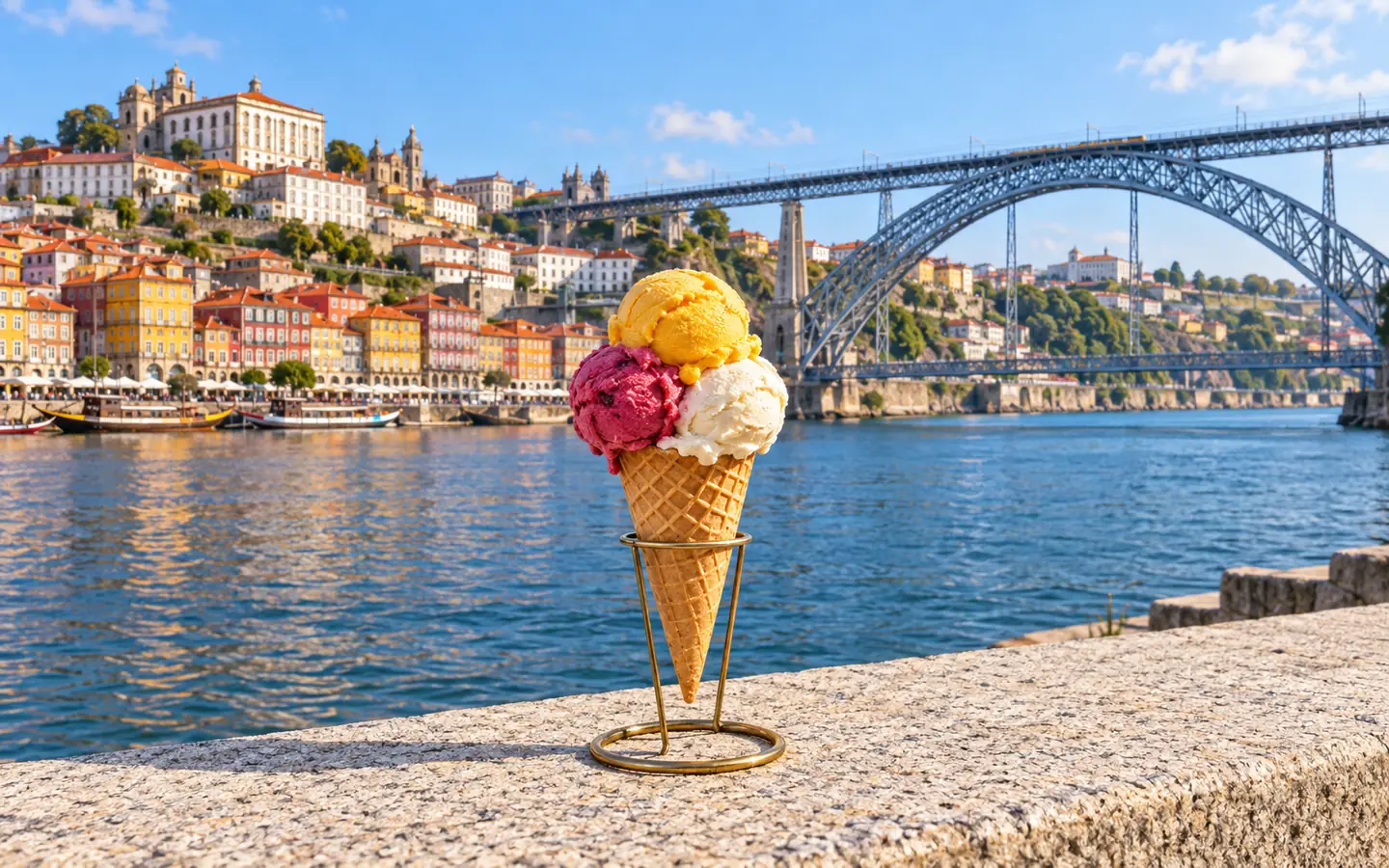 Dom Luís I Bridge, the Douro, and Porto's Ribeira, paired with a local ice-cream moment