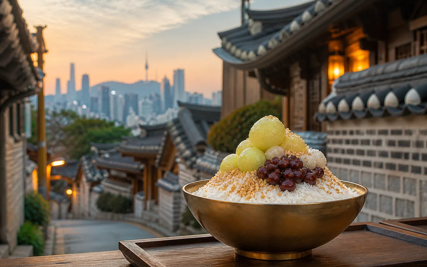 hanok rooftops and the Seoul skyline, paired with a local ice-cream moment