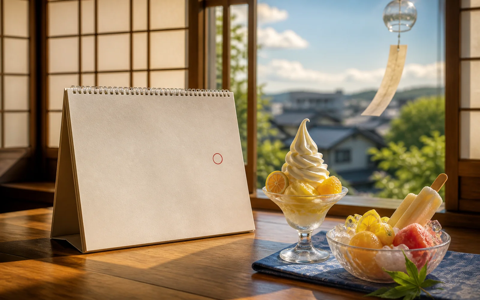 日本夏日窗邊的紙本日曆、柚子霜淇淋與水果冰品