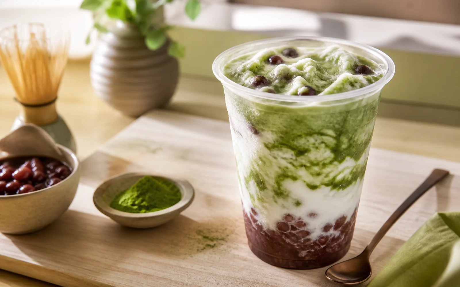 午後窗光裡的抹茶牛乳紅豆 Frappe