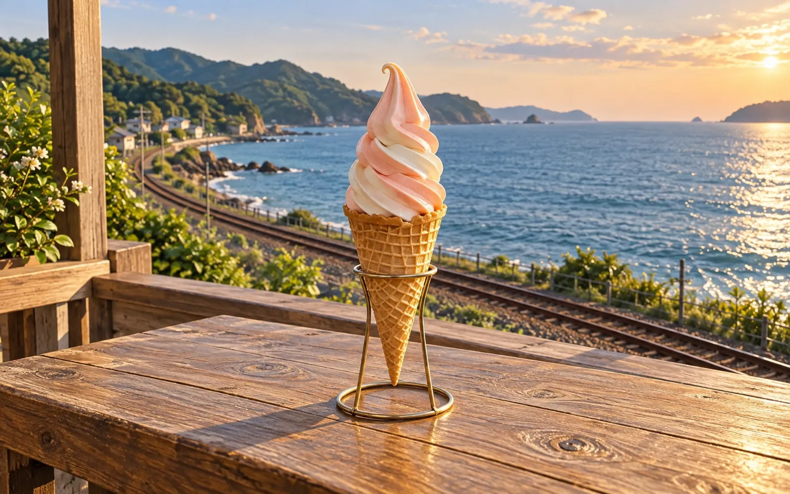 日本海岸鐵道夕陽旁的牛乳白桃雙色霜淇淋