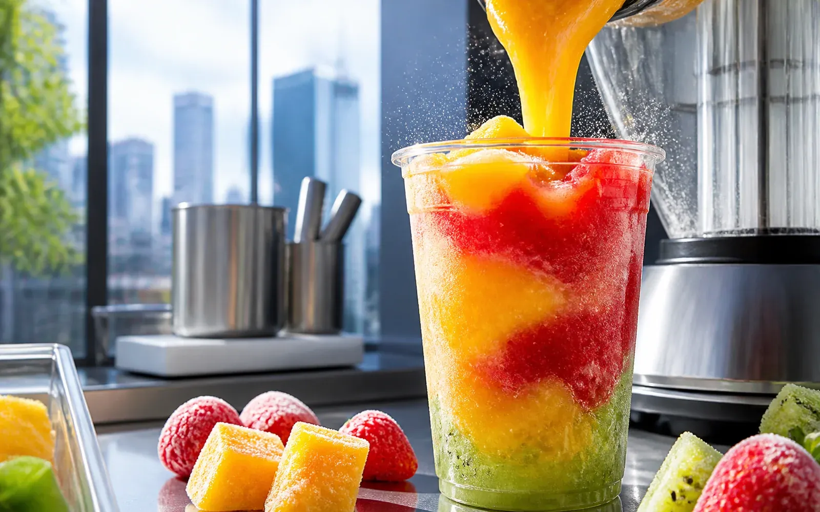 東京夏日窗邊現打的芒果、草莓與奇異果 Smoothie