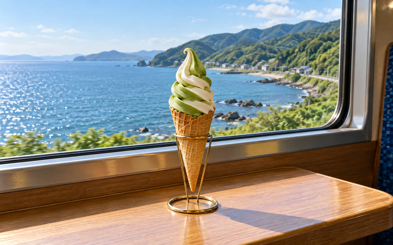日本海岸列車窗邊的一支抹茶牛乳霜淇淋甜筒,窗外是碧藍海灣與綠色山岸