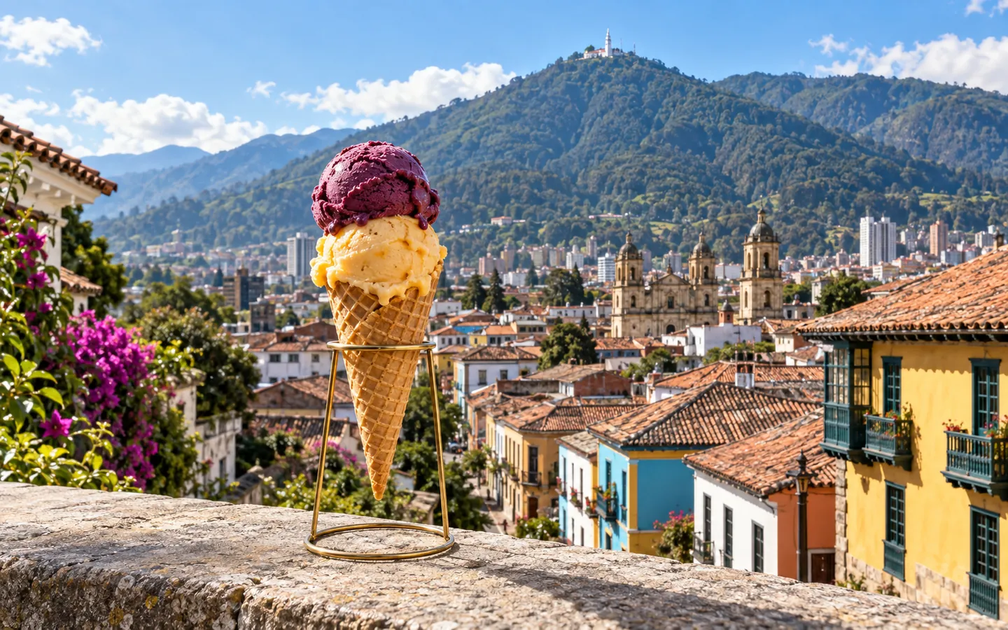 Helados de frutos colombianos en La Candelaria con Monserrate sobre Bogotá